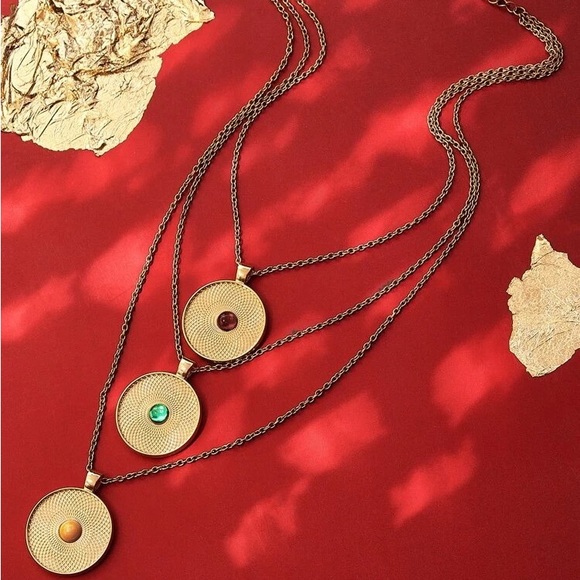 3 For 25 Round Gold Disc Charm Layered Necklace with gemstones - Picture 9 of 9